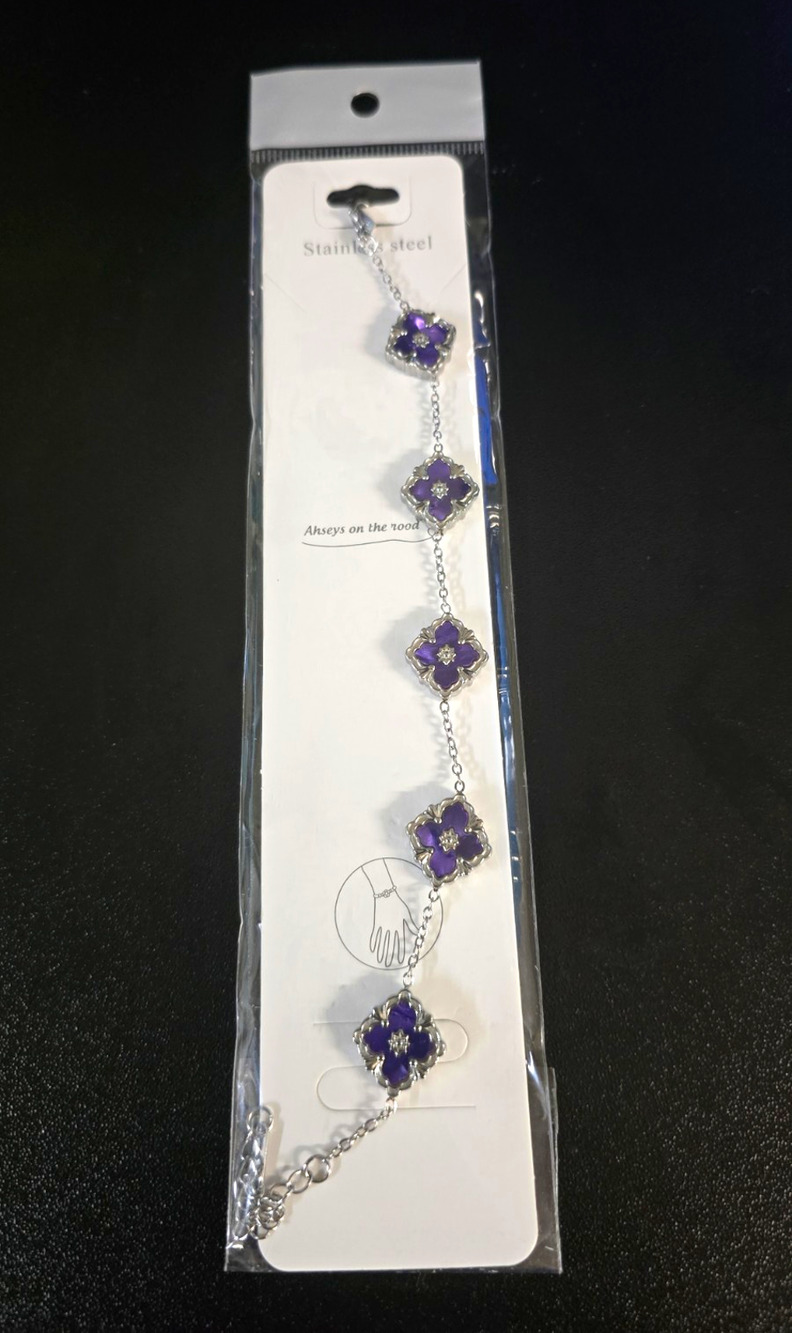 Stainless Steel Silver Tone Cable Chain Bracelet Purple Flower Dangle Charms